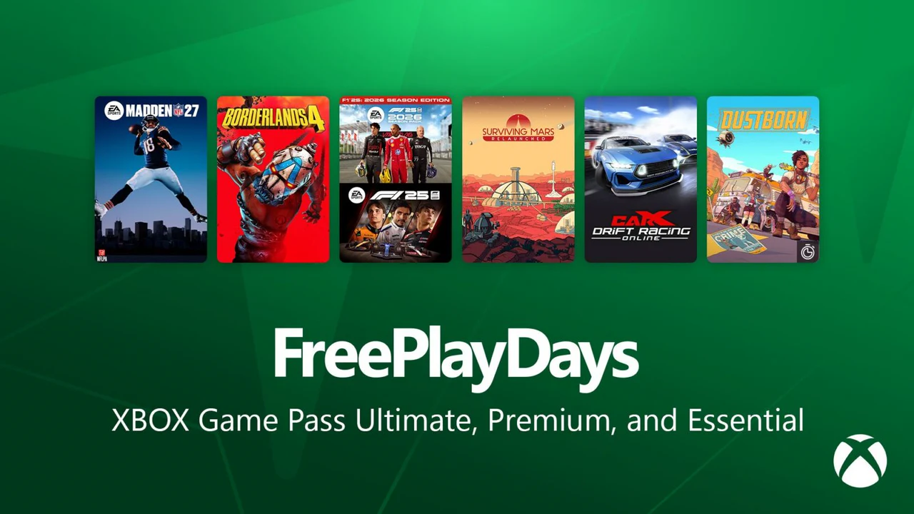 Arte promocional do Xbox Free Play Days de setembro de 2026 reunindo Borderlands 4, F1 25 2026, Madden NFL 27, Surviving Mars e Dustborn